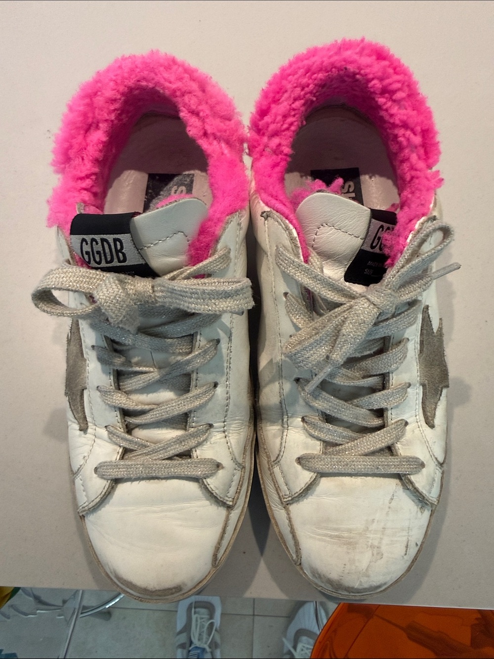 Golden Goose White Leather Sneakers with Hot Pink Shearling Collar